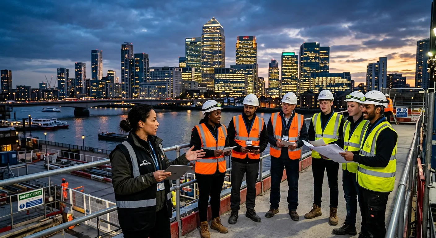 A dynamic, professional photo of the Canary Wharf skyline at dusk, with modern skyscrapers like One... A dynamic, professional photo of the Canary Wharf skyline at dusk, with modern skyscrapers like One Canada Square illuminated. In the foreground, a diverse group of skilled temporary workers in high-visibility vests and professional attire are engaged in a briefing with a site manager. Style: Modern, aspirational, high-contrast. Mood: Energetic, professional, and reliable.