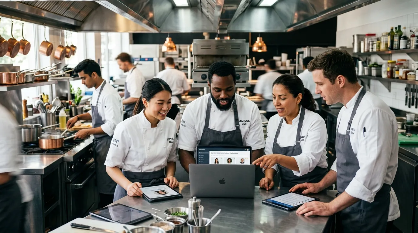 A modern, dynamic hero image featuring a diverse team of professional chefs in a high-end kitchen, c... A modern, dynamic hero image featuring a diverse team of professional chefs in a high-end kitchen, collaborating over digital tablets and laptops, symbolizing the fusion of culinary skill and online recruitment. Bright, clean, professional mood.