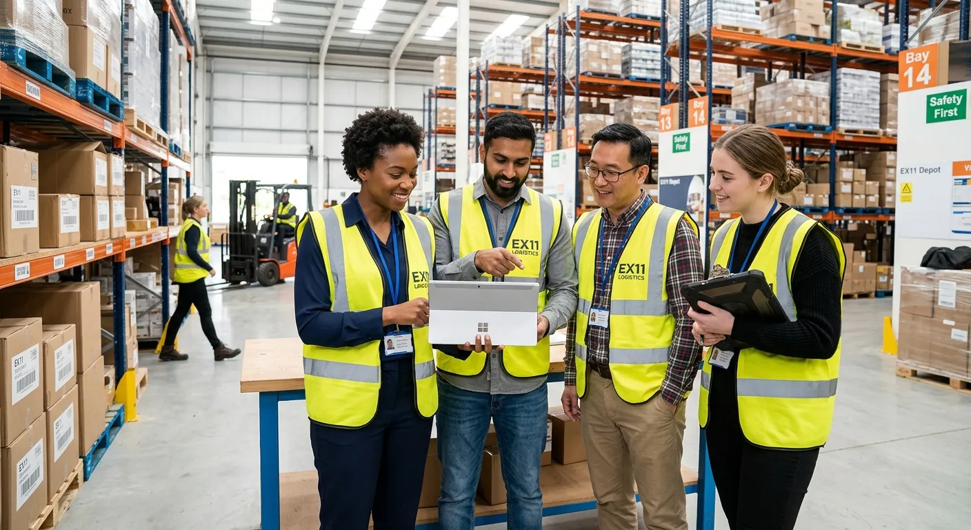 A professional, modern image of a diverse team in a bright, organised warehouse or logistics centre... A professional, modern image of a diverse team in a bright, organised warehouse or logistics centre in the EX11 region. They are collaborating over a tablet showing supply chain data, dressed in high-visibility vests and casual office wear, conveying efficiency and teamwork.