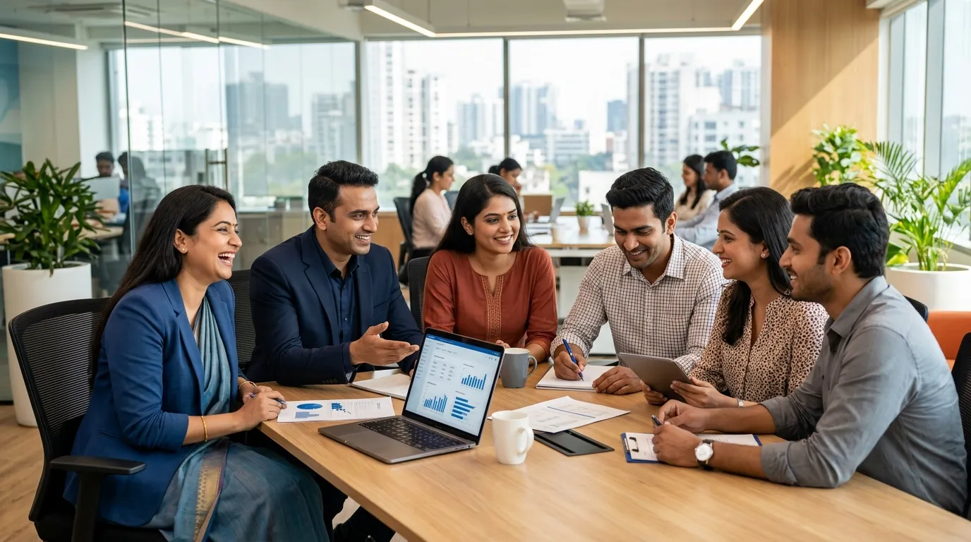 A dynamic, professional hero image showing a diverse group of Indian professionals in a modern offic... A dynamic, professional hero image showing a diverse group of Indian professionals in a modern office setting, collaborating and smiling. Style is bright, optimistic, and high-resolution, conveying success and partnership.
