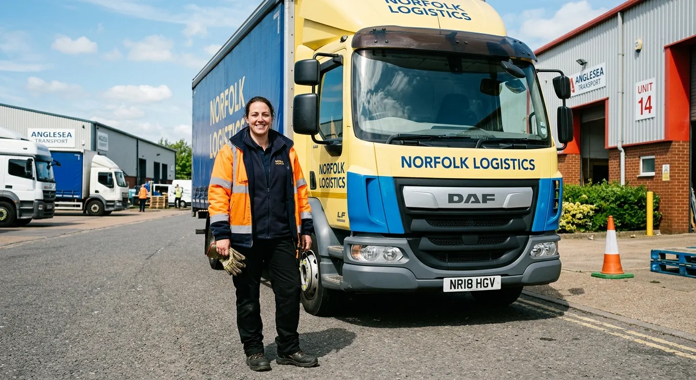 A professional HGV Class 2 Driver in high-visibility clothing, smiling confidently next to a well-ma... A professional HGV Class 2 Driver in high-visibility clothing, smiling confidently next to a well-maintained rigid lorry on a bright day in a Norwich industrial estate. Style should be authentic and inspiring.