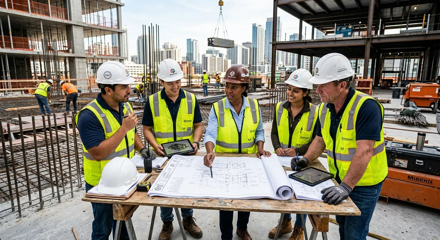 A dynamic, high-resolution hero image showing a diverse team of construction professionals on a mode... A dynamic, high-resolution hero image showing a diverse team of construction professionals on a modern building site, collaborating over architectural plans. The mood is professional, energetic, and forward-thinking, with a focus on teamwork and skilled labor.