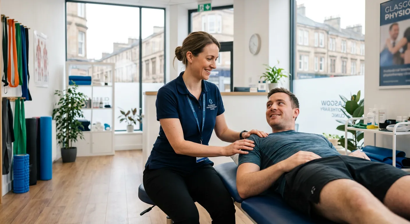 A professional, confident physiotherapist in a modern clinic setting in Glasgow, treating a patient... A professional, confident physiotherapist in a modern clinic setting in Glasgow, treating a patient with a friendly, focused expression. Bright, clean, and welcoming atmosphere.