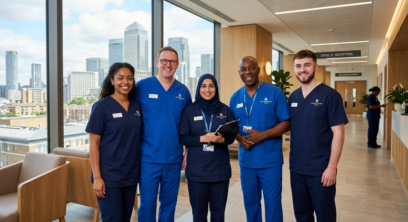 A diverse, professional group of healthcare support workers smiling in a modern care facility in Canary Wharf, London, wearing smart uniforms, conveying compassion, teamwork, and a positive work environment.