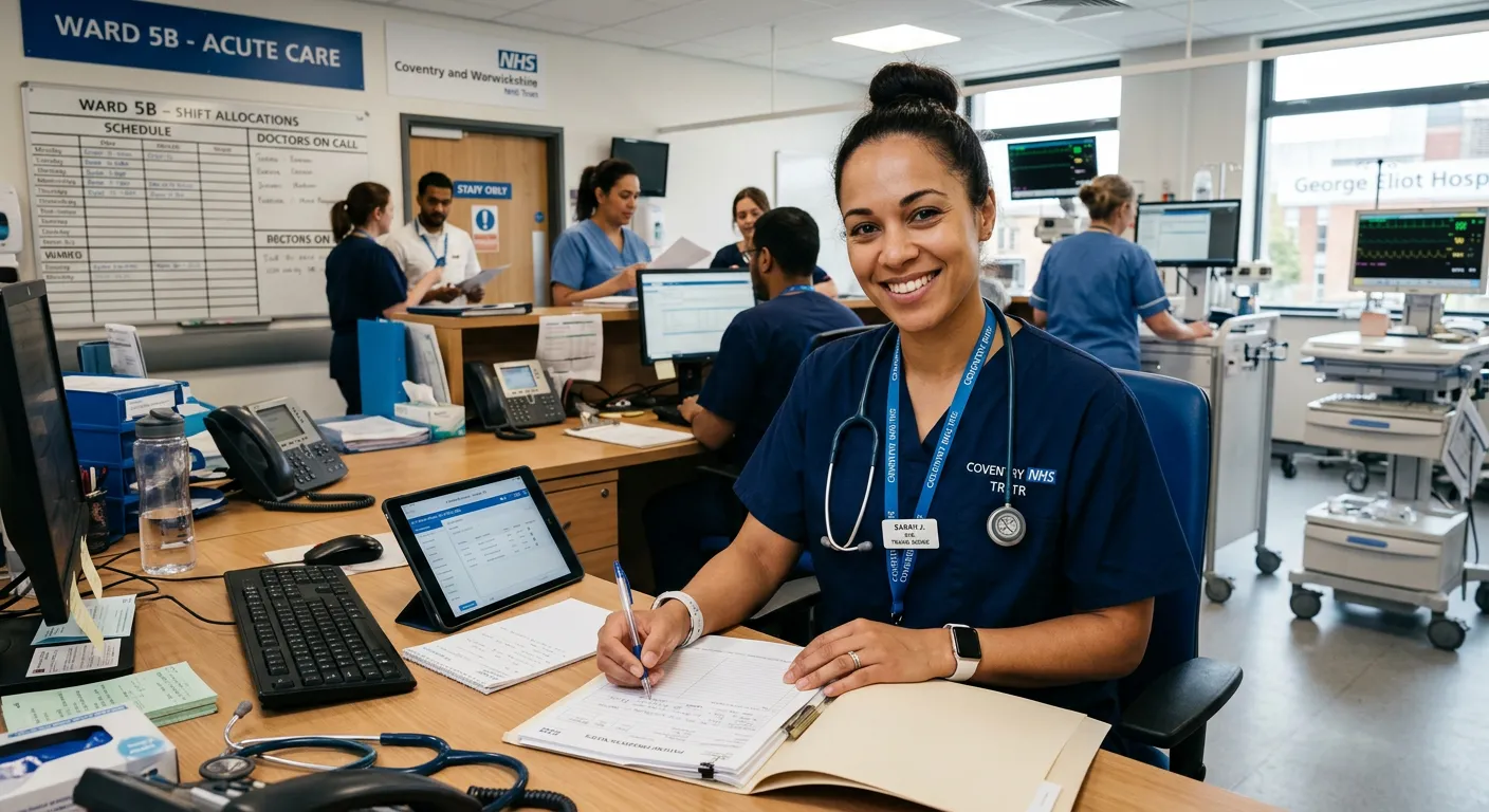 A professional, confident Travel Nurse in a modern clinical setting, smiling while reviewing patient notes. The image should convey competence, care, and a positive work environment, set in a hospital or clinic in Coventry.