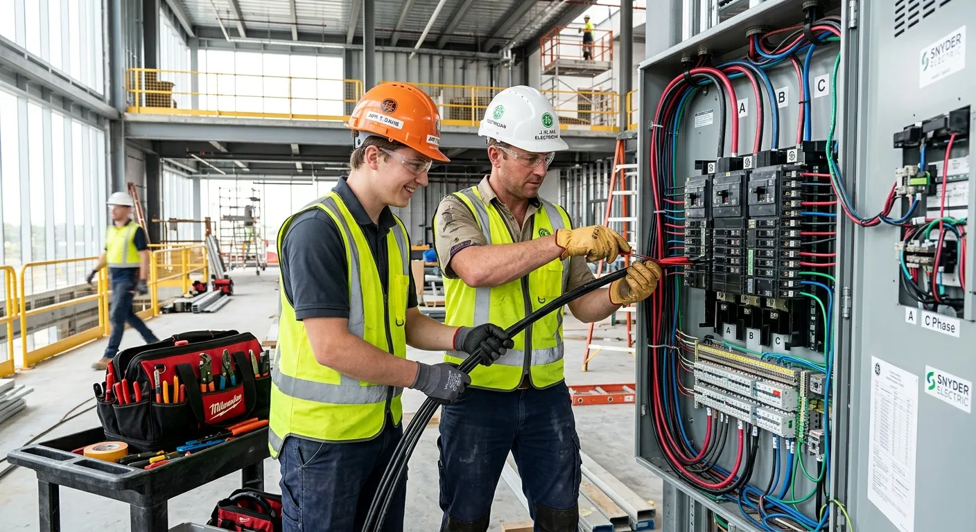 A professional, high-energy shot of an Electrician's Mate and a qualified electrician working togeth... A professional, high-energy shot of an Electrician's Mate and a qualified electrician working together on a commercial electrical panel in a well-lit, modern construction site. Focus on teamwork, safety gear (hard hats, gloves), and organized tools. Style: Professional, realistic, vibrant.
