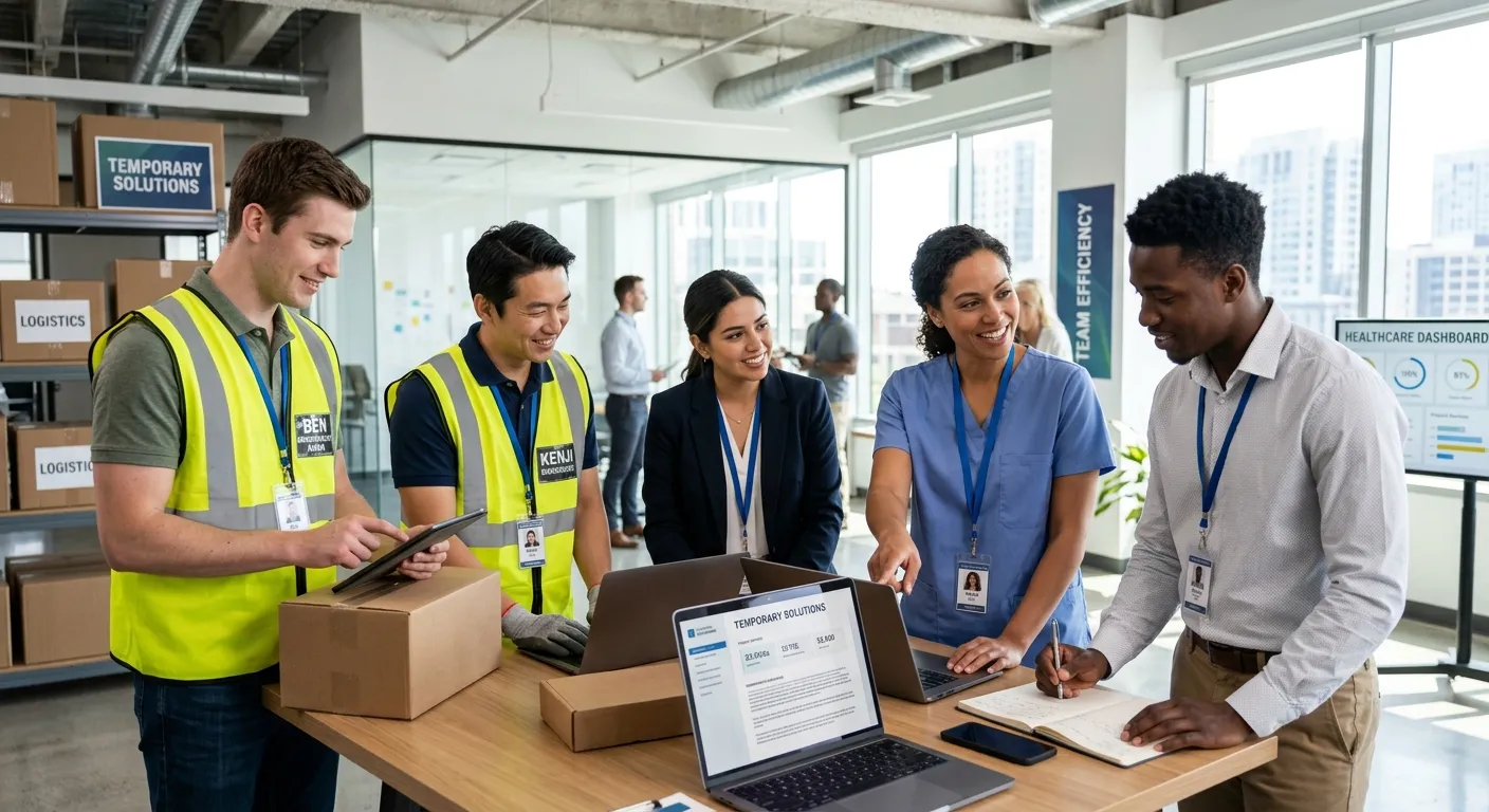 A dynamic, professional hero image showing a diverse group of temporary workers in various industries (healthcare, office, warehouse) collaborating seamlessly in a modern workspace, with a focus on teamwork and efficiency. Style: Bright, optimistic, high-resolution corporate photography.