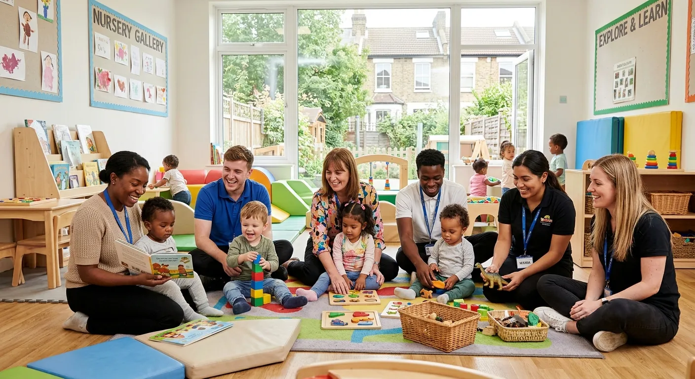 A diverse, professional group of early years practitioners smiling in a bright, modern nursery setting in London, engaging with children in a safe, educational play area. Warm, welcoming, and professional mood.