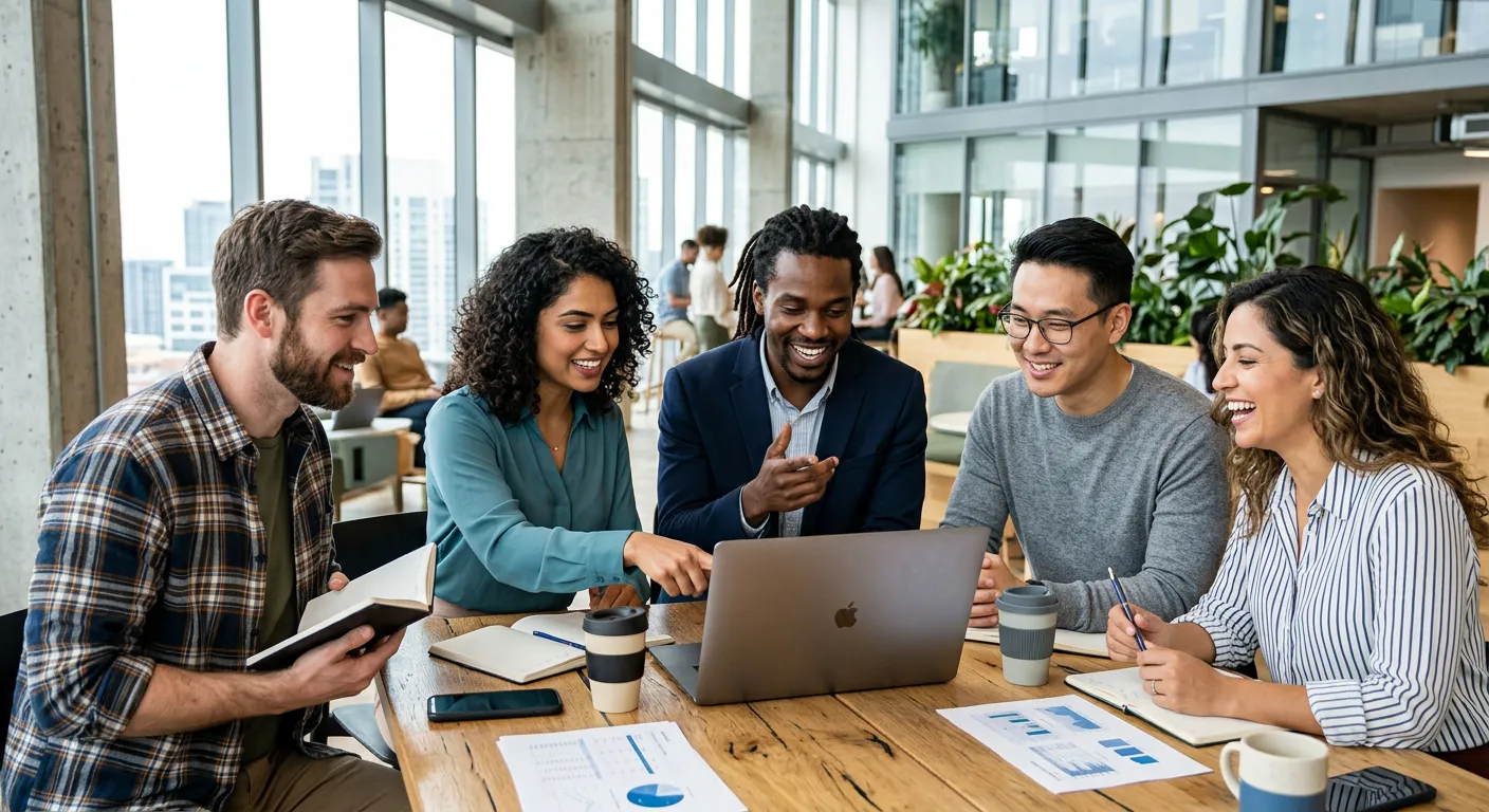 A modern, diverse team of professionals in a bright office collaborating around a laptop, looking en... A modern, diverse team of professionals in a bright office collaborating around a laptop, looking engaged and productive. Style: professional stock photo, high contrast, vibrant colors, mood of success and teamwork.