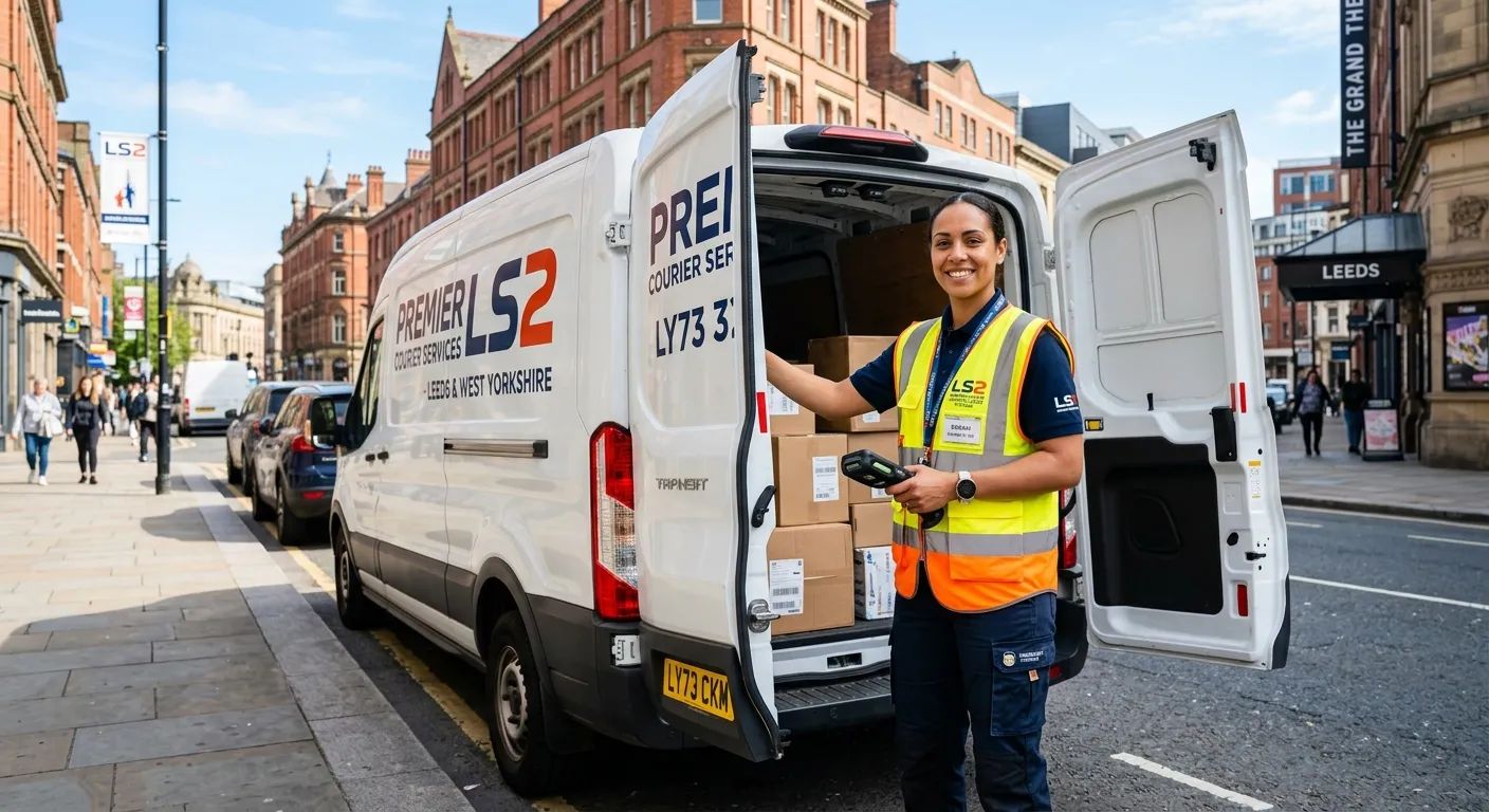 A professional, confident Courier Driver in a high-visibility vest, holding a digital scanner while... A professional, confident Courier Driver in a high-visibility vest, holding a digital scanner while loading a modern delivery van in an urban Leeds LS2 setting, looking directly at the camera. Bright, clear day, professional and trustworthy mood.