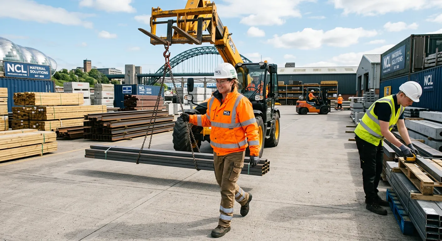 A professional, dynamic shot of a Yard Operative in high-visibility clothing, safely managing materi... A professional, dynamic shot of a Yard Operative in high-visibility clothing, safely managing materials in a well-organised industrial yard in Newcastle. The scene should be bright, modern, and convey efficiency and teamwork.