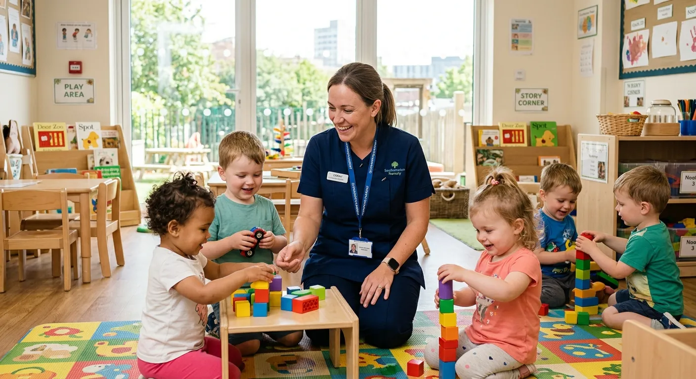 A warm, professional photo of a Nursery Nurse in a bright, well-equipped Southampton nursery, smilin... A warm, professional photo of a Nursery Nurse in a bright, well-equipped Southampton nursery, smiling while engaging with a small group of toddlers. Style: Authentic, inviting, high-resolution. Mood: Trustworthy, caring, professional.