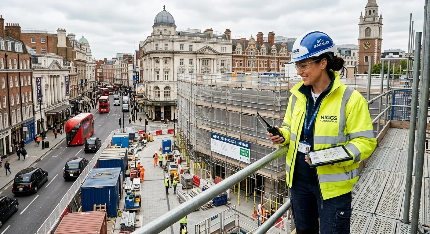 A professional, confident site manager in a high-vis vest overlooking a well-organised construction or refurbishment project in a West End London street, with iconic London architecture in the background. Style is realistic, professional, and inspiring.