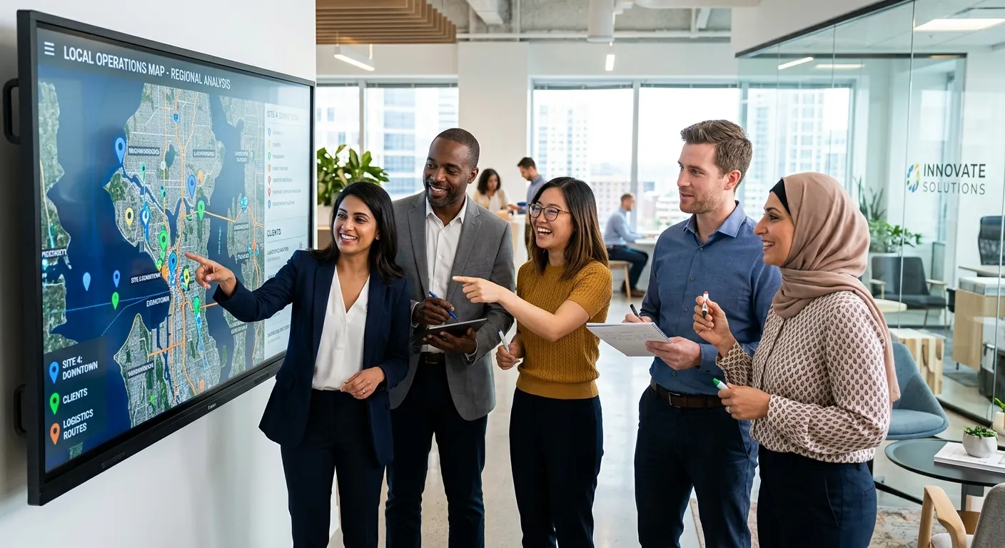A professional, diverse group of business professionals in a modern office, looking at a digital map... A professional, diverse group of business professionals in a modern office, looking at a digital map on a large screen with pins marking local areas. Style is bright, vibrant, and conveys collaboration and local expertise.