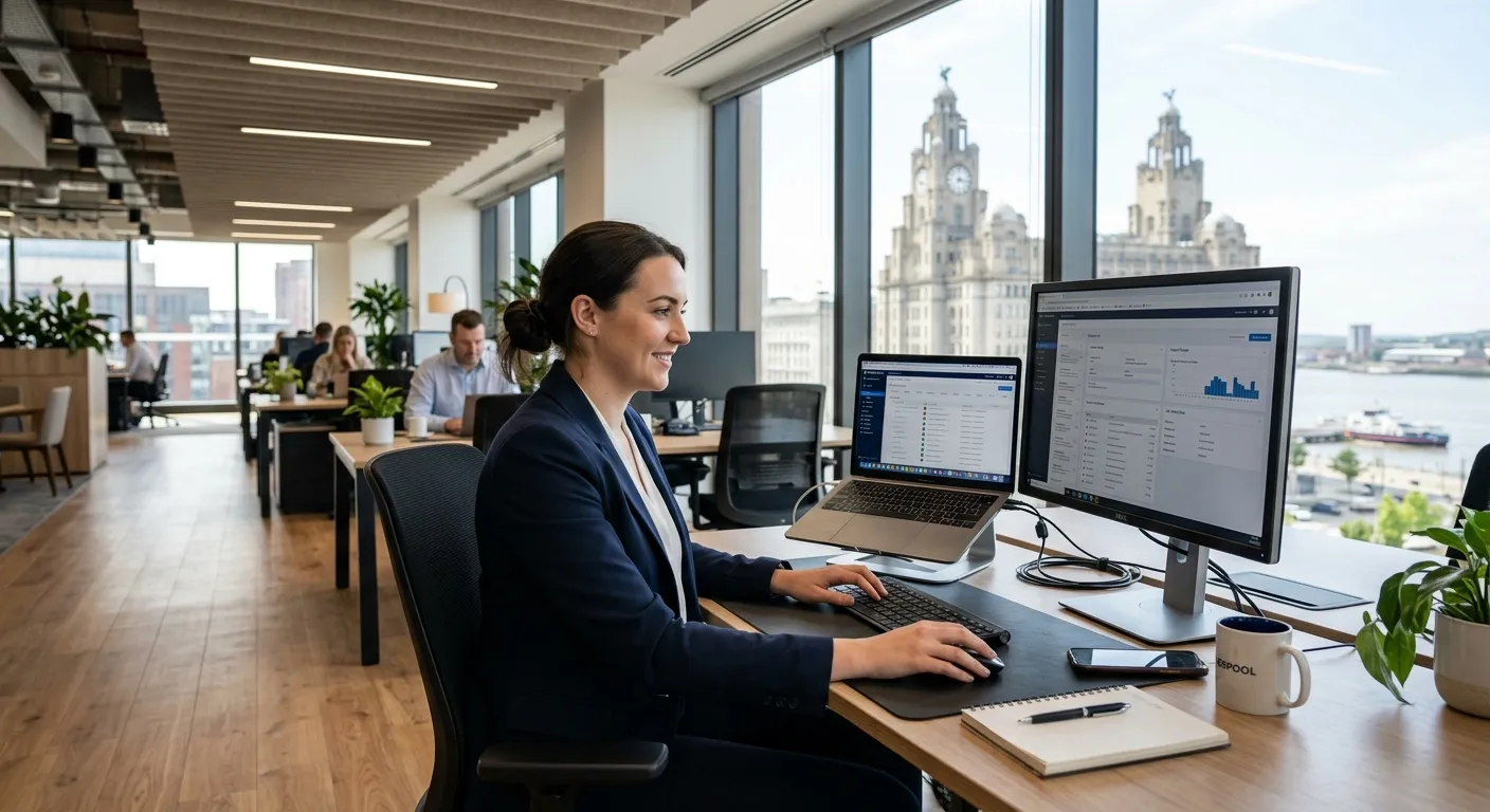 A professional, modern office workspace in Liverpool city centre, featuring a person working efficie... A professional, modern office workspace in Liverpool city centre, featuring a person working efficiently on a laptop with a second screen, symbolising remote administrative support. The mood is focused, productive, and contemporary, with a view of Liverpool landmarks subtly in the background.