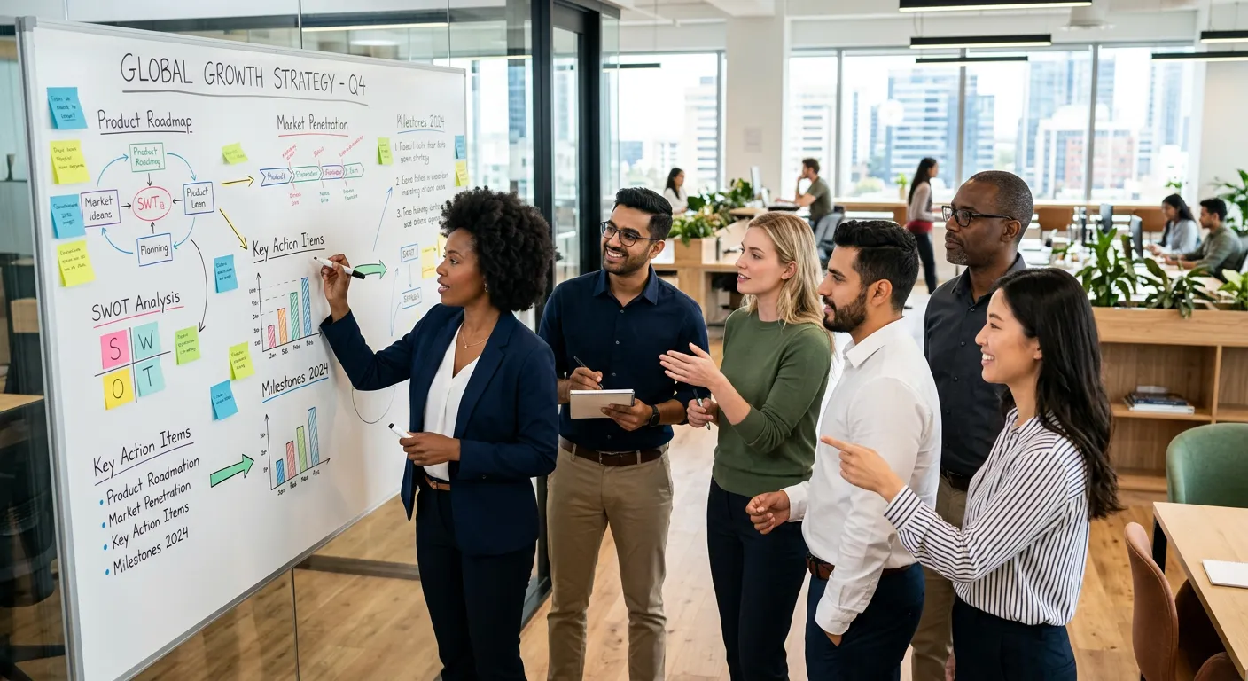 A diverse group of modern professionals collaborating in a bright, open-plan office, focusing on a s... A diverse group of modern professionals collaborating in a bright, open-plan office, focusing on a strategy whiteboard. Style: professional, vibrant, and forward-thinking.