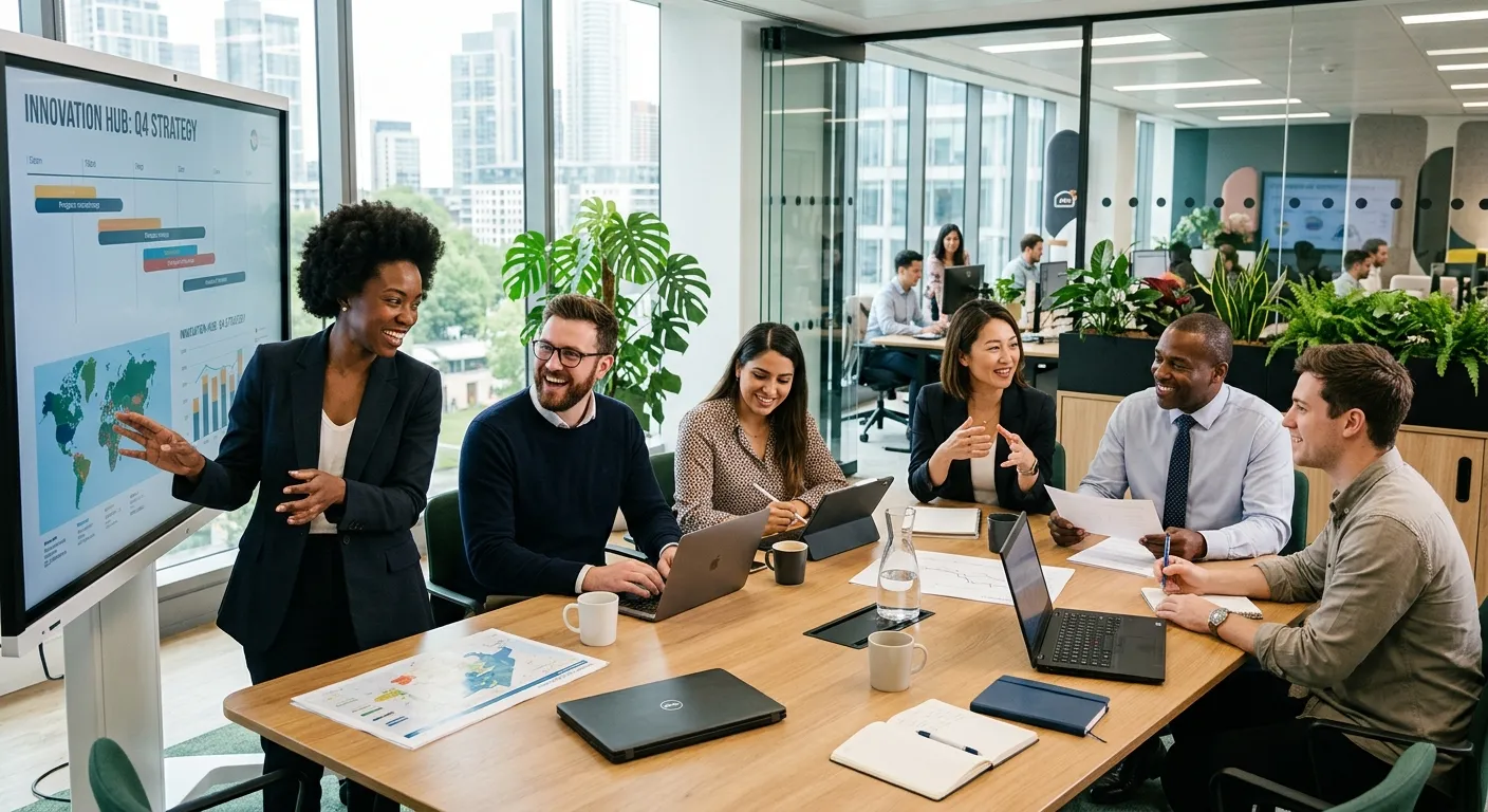 A modern, diverse group of professionals collaborating in a bright, open-plan office. Style is professional and aspirational, with a focus on technology, teamwork, and positive corporate culture.