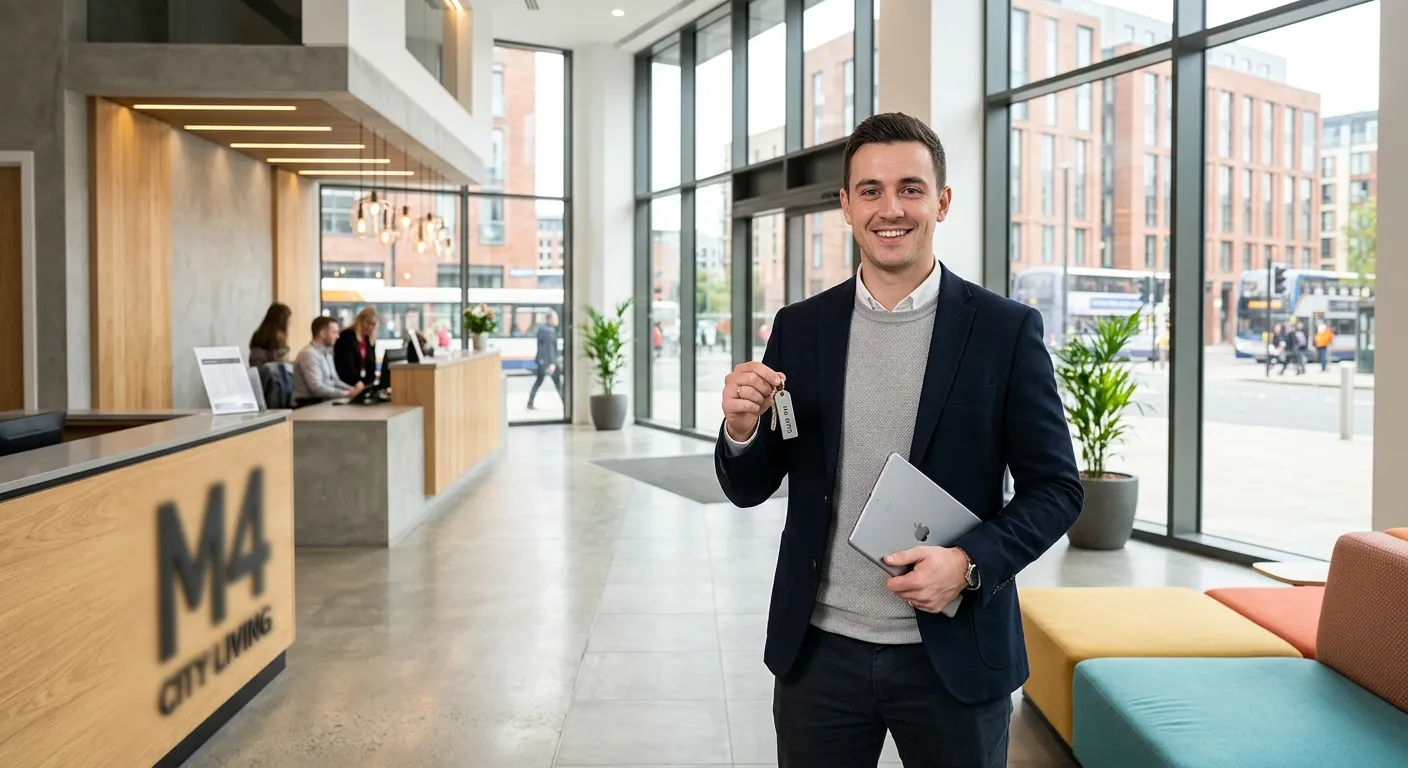 A professional, welcoming image of a modern building in Manchester M4, with a person in smart casual... A professional, welcoming image of a modern building in Manchester M4, with a person in smart casual workwear holding a set of keys and a tablet, standing in a clean, well-maintained lobby. Bright, clean lighting, conveying reliability and professionalism.