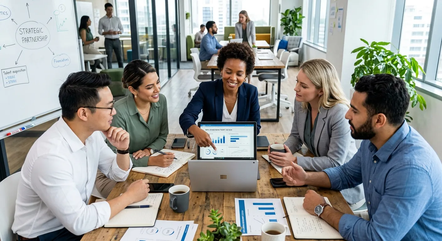 A modern, high-contrast photo of a diverse team of professionals in a collaborative office setting,... A modern, high-contrast photo of a diverse team of professionals in a collaborative office setting, viewed from above. One person is pointing to a laptop screen showing analytics dashboards, symbolizing strategic partnership and data-driven recruitment. Style: Professional, vibrant, and focused.