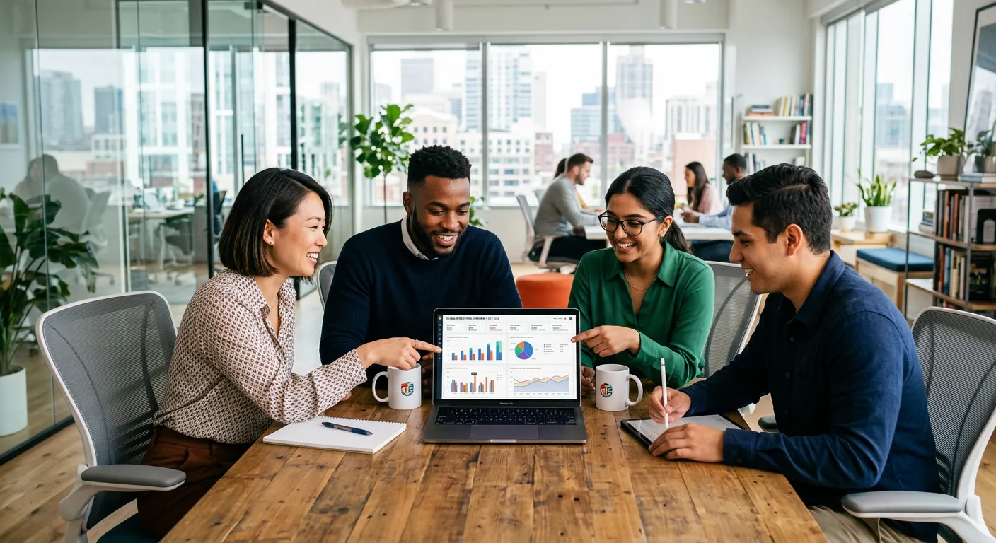 A modern, diverse team of professionals in a collaborative office setting, looking at a laptop screen displaying analytics dashboards. Style is professional, bright, and forward-looking, with a focus on teamwork and technology.