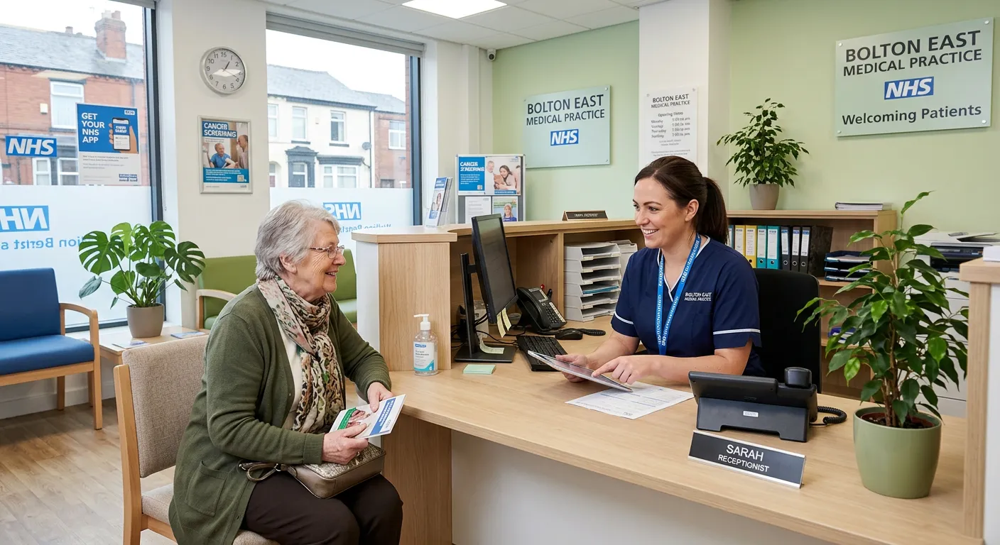 A professional, welcoming photograph of a modern GP surgery reception area in Bolton, with a friendly receptionist assisting a patient. Style: Bright, clean, and reassuring.