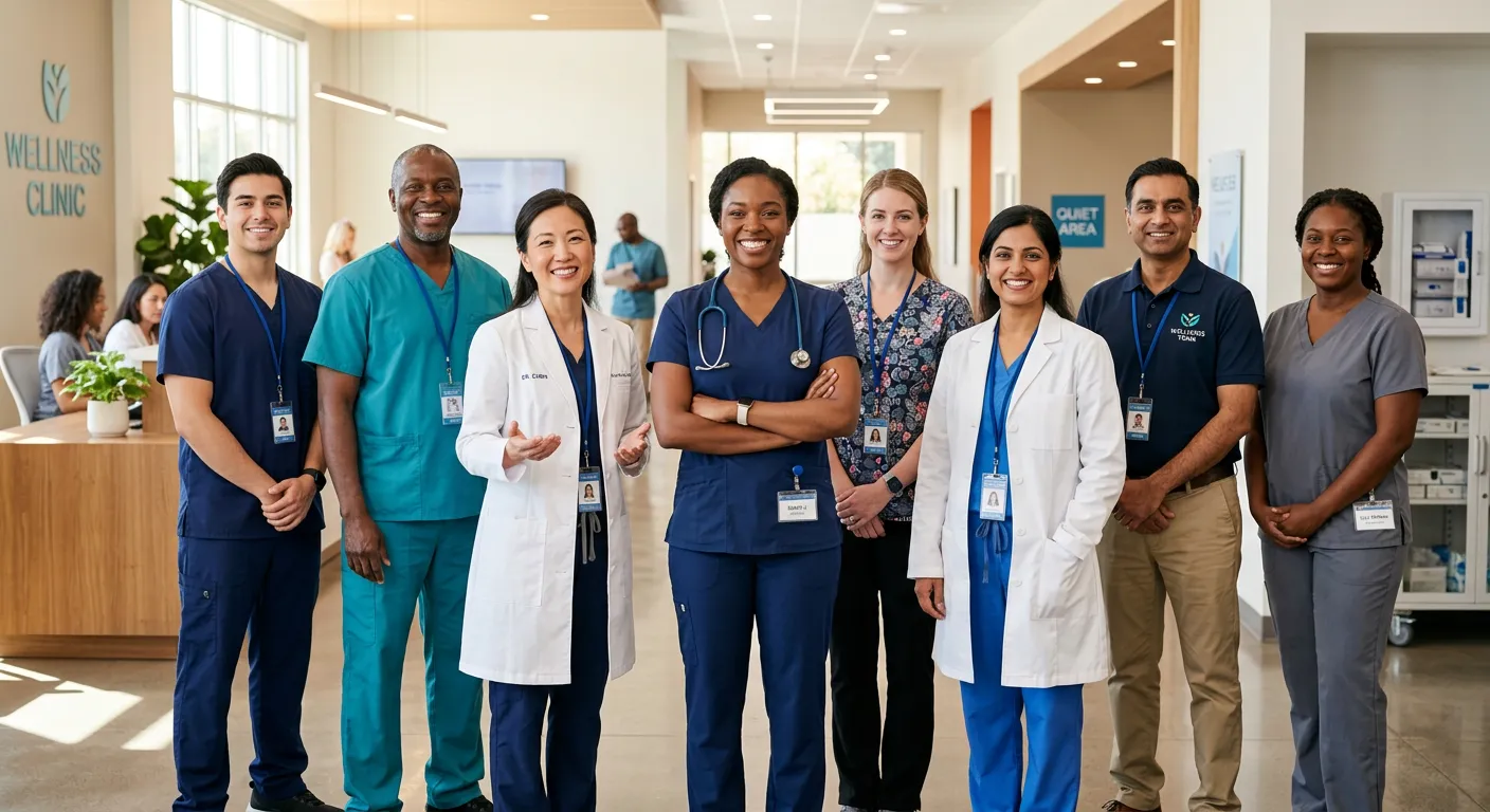 A diverse group of professional healthcare workers – nurses, carers, and support staff – smiling con... A diverse group of professional healthcare workers – nurses, carers, and support staff – smiling confidently in a bright, modern clinic setting. Style is professional, warm, and high-resolution, conveying trust and capability.