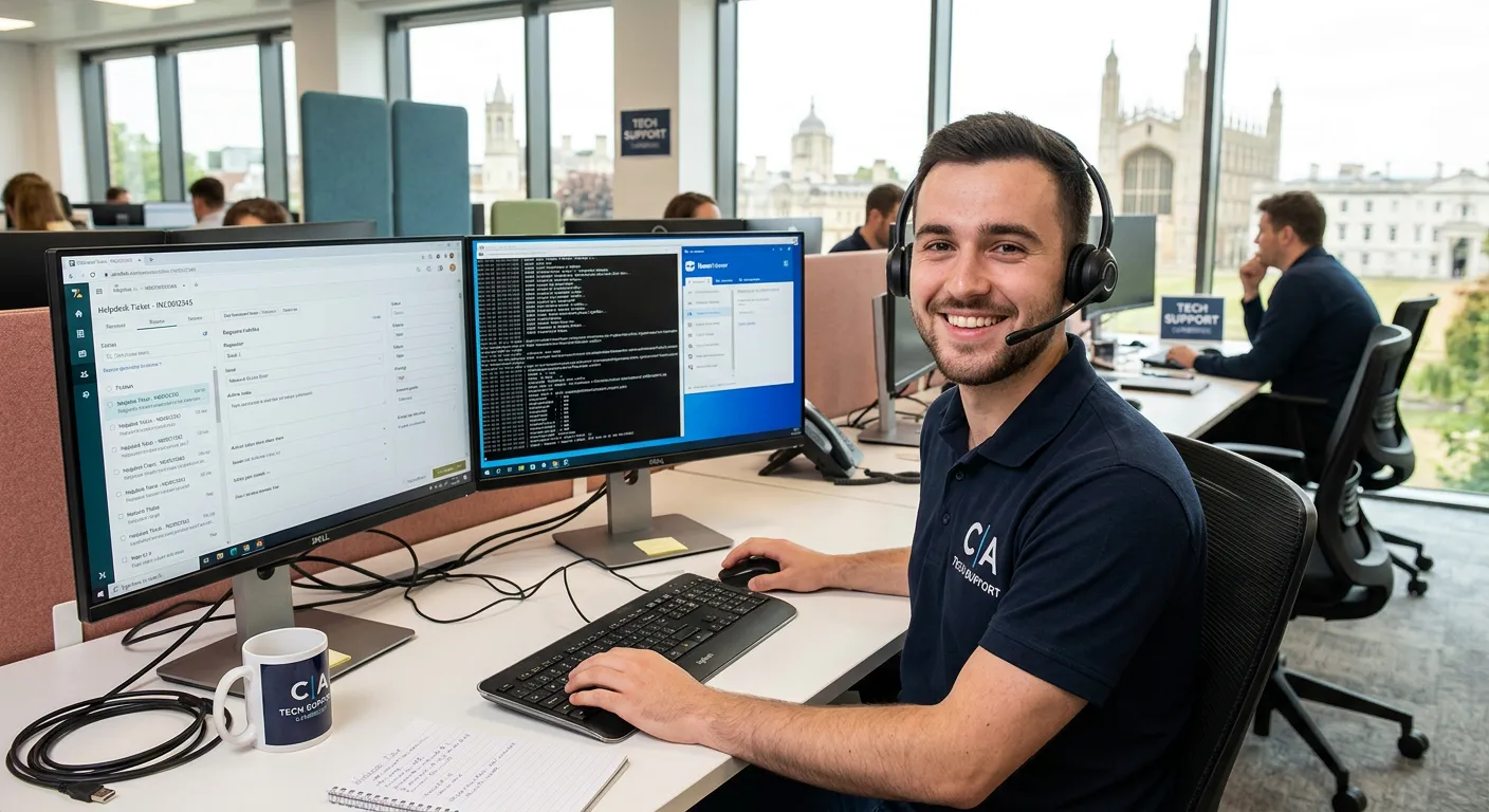 A professional, friendly Helpdesk advisor in a modern office environment in Cambridge, speaking on a headset with dual monitors showing a ticketing system, smiling and offering assistance. The style is bright, welcoming, and conveys technical support.