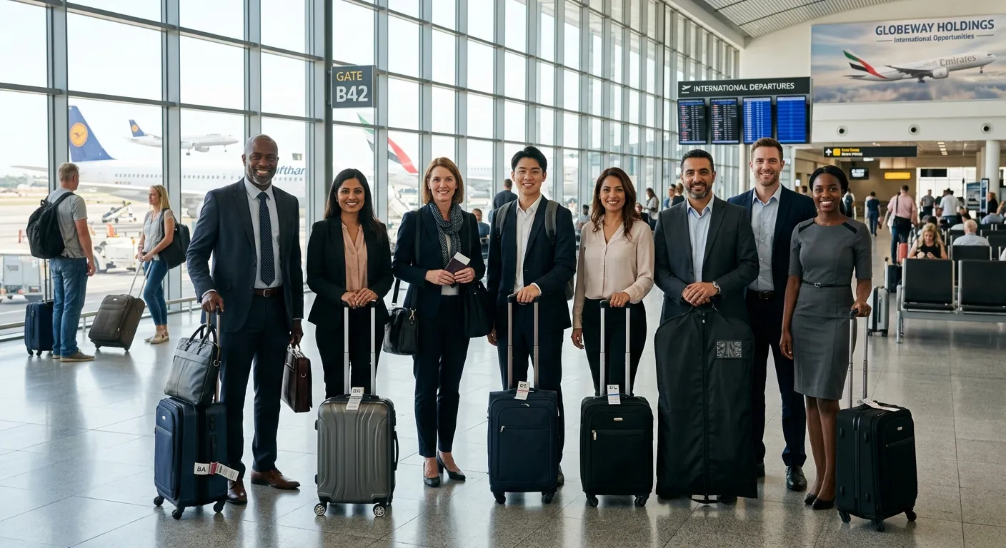 A diverse group of professional, confident workers of various ages and ethnicities smiling, standing... A diverse group of professional, confident workers of various ages and ethnicities smiling, standing in a modern airport terminal with suitcases, symbolizing international opportunity and readiness. Professional, bright, and optimistic mood.