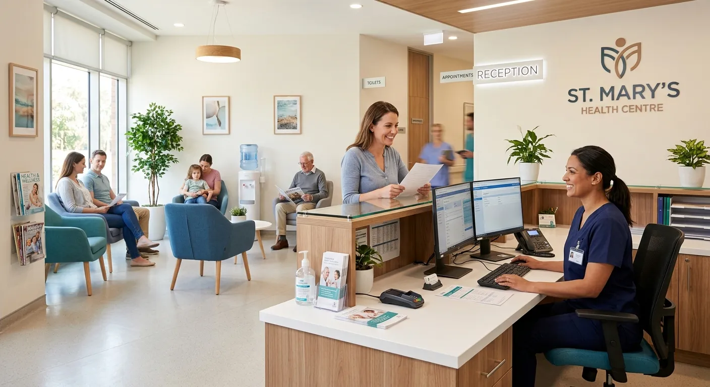 A professional, welcoming photo of a modern medical reception area in a clinic or GP surgery. The image should feature a friendly receptionist at a tidy desk, a computer, and a clean waiting area. Style: Bright, inviting, and professional. Mood: Trustworthy, efficient, and caring.