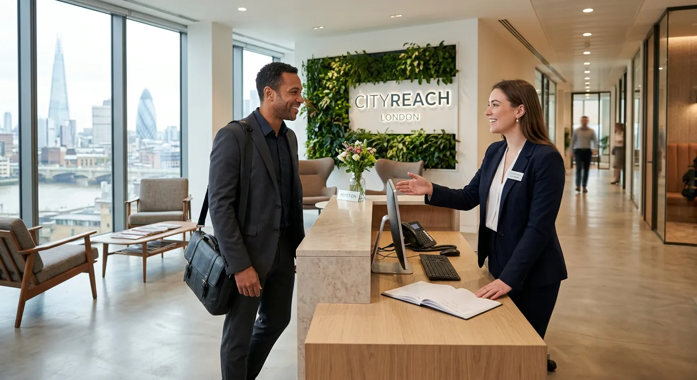 Professional, modern London office reception area with a smiling, well-dressed temporary receptionis... Professional, modern London office reception area with a smiling, well-dressed temporary receptionist greeting a client. Style: Bright, crisp corporate photography with a focus on professionalism and welcoming atmosphere.