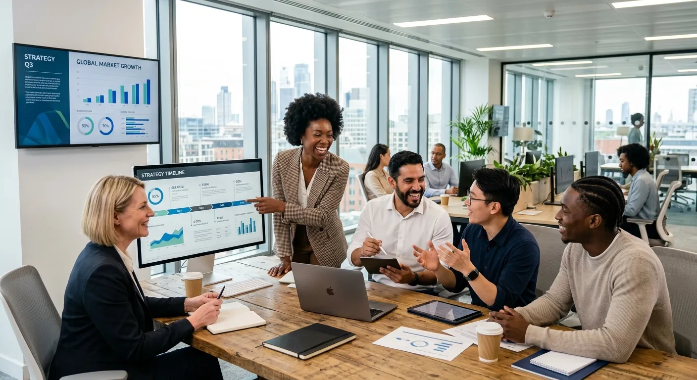 A dynamic, modern hero image showing a diverse team of professionals collaborating in a bright, open... A dynamic, modern hero image showing a diverse team of professionals collaborating in a bright, open-plan office. Style: Professional corporate photography with a focus on interaction and positivity. Mood: Energetic, successful, and forward-thinking.