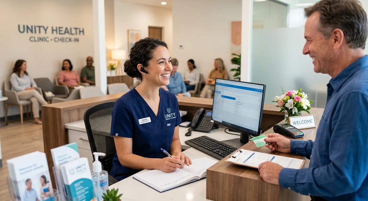 A professional, well-lit photo of a friendly Medical Front Desk Receptionist in a modern clinic setting, smiling and assisting a patient at the check-in counter. The mood is welcoming, efficient, and trustworthy.
