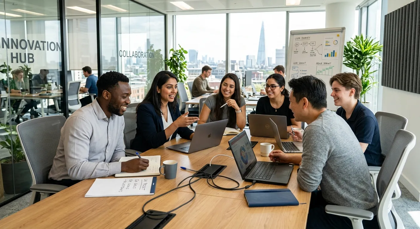 A diverse group of modern professionals collaborating in a bright, sunlit office. Style: Authentic,... A diverse group of modern professionals collaborating in a bright, sunlit office. Style: Authentic, high-resolution stock photo conveying connection, innovation, and teamwork. Mood: Dynamic, professional, and forward-looking.