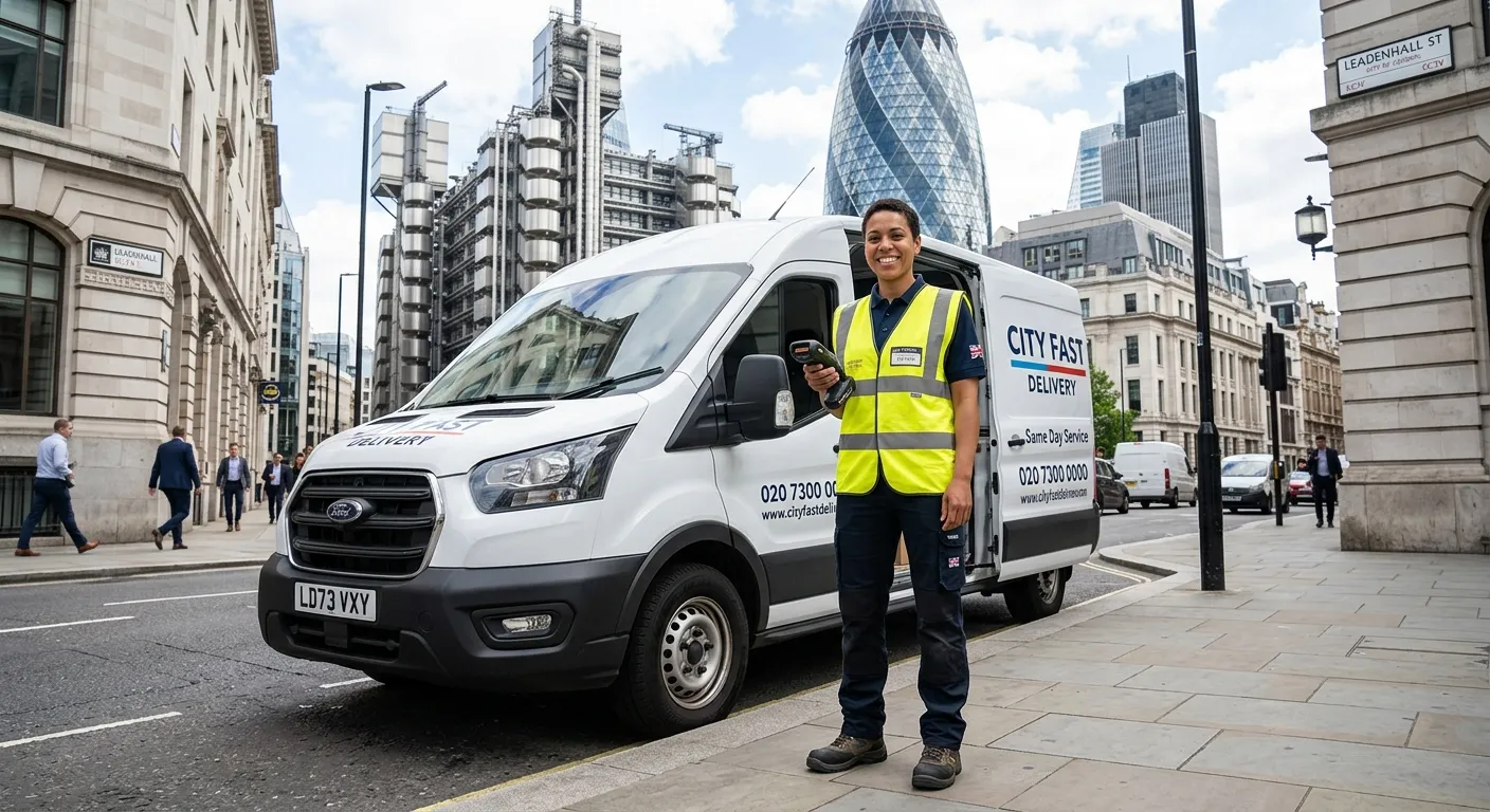 Professional, friendly Delivery Driver in a high-visibility vest, smiling and holding a digital scan... Professional, friendly Delivery Driver in a high-visibility vest, smiling and holding a digital scanner, standing next to a modern, clean delivery van on a street in the City of London (London EC3 district) with iconic buildings like The Gherkin in the background. Style: Bright, realistic, professional, and welcoming.