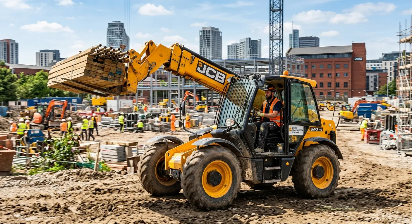 A professional Telehandler operator in a hi-vis vest safely maneuvering a load on a busy constructio... A professional Telehandler operator in a hi-vis vest safely maneuvering a load on a busy construction site in Leeds, sunny day, focused and skilled