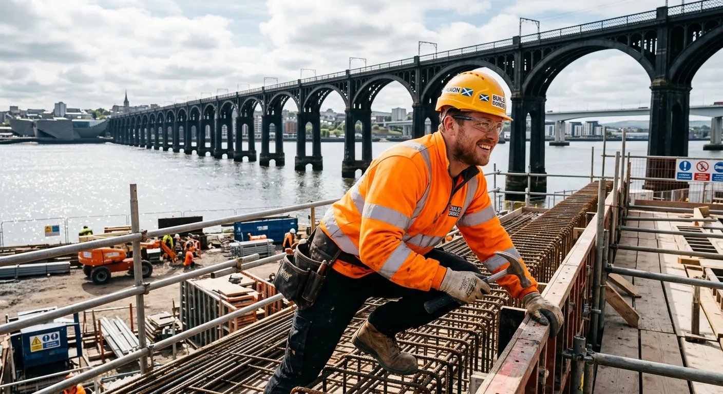 A professional, dynamic shot of a construction labourer in high-visibility gear smiling and working... A professional, dynamic shot of a construction labourer in high-visibility gear smiling and working on a Dundee construction site with the Tay Rail Bridge in the background. The image conveys professionalism, energy, and local relevance.