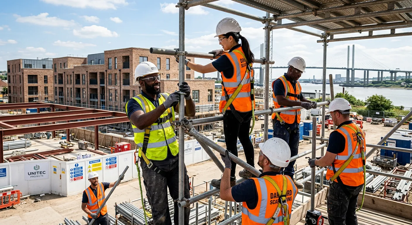 A professional, high-energy photograph of a diverse team of scaffolding labourers at work on a const... A professional, high-energy photograph of a diverse team of scaffolding labourers at work on a construction site in Dartford. They are wearing high-visibility vests and hard hats, safely assembling scaffolding on a bright day. The mood is industrious, safe, and collaborative.