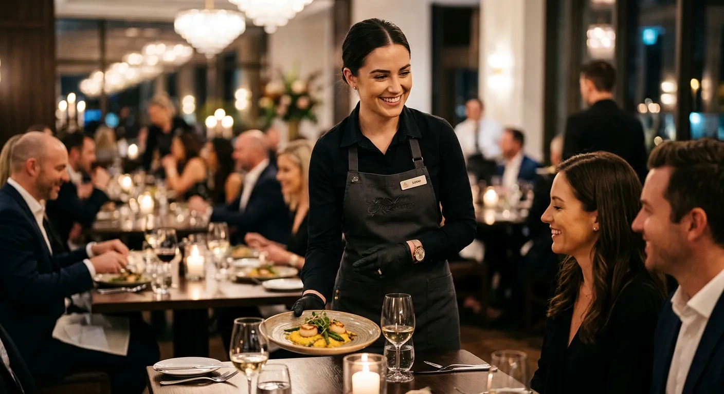 A professional, high-energy shot of a skilled waitress in a high-end restaurant or event setting, gr... A professional, high-energy shot of a skilled waitress in a high-end restaurant or event setting, gracefully presenting a dish to guests. The image should convey expertise, poise, and exceptional customer service. Style: Modern, vibrant, professional. Mood: Confident, upscale, and efficient.