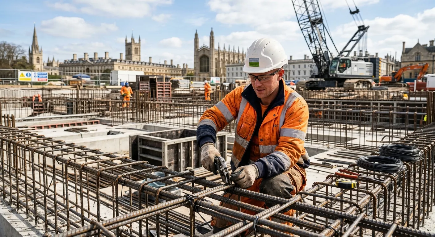 A professional, high-resolution image of a skilled Steel Fixer at work on a construction site in Cambridge, wearing full PPE including a hard hat, safety glasses, and gloves, carefully tying rebar on a large concrete foundation. The sun is shining, highlighting the precision of the work and the scale of the project. The mood is professional, skilled, and industrious.