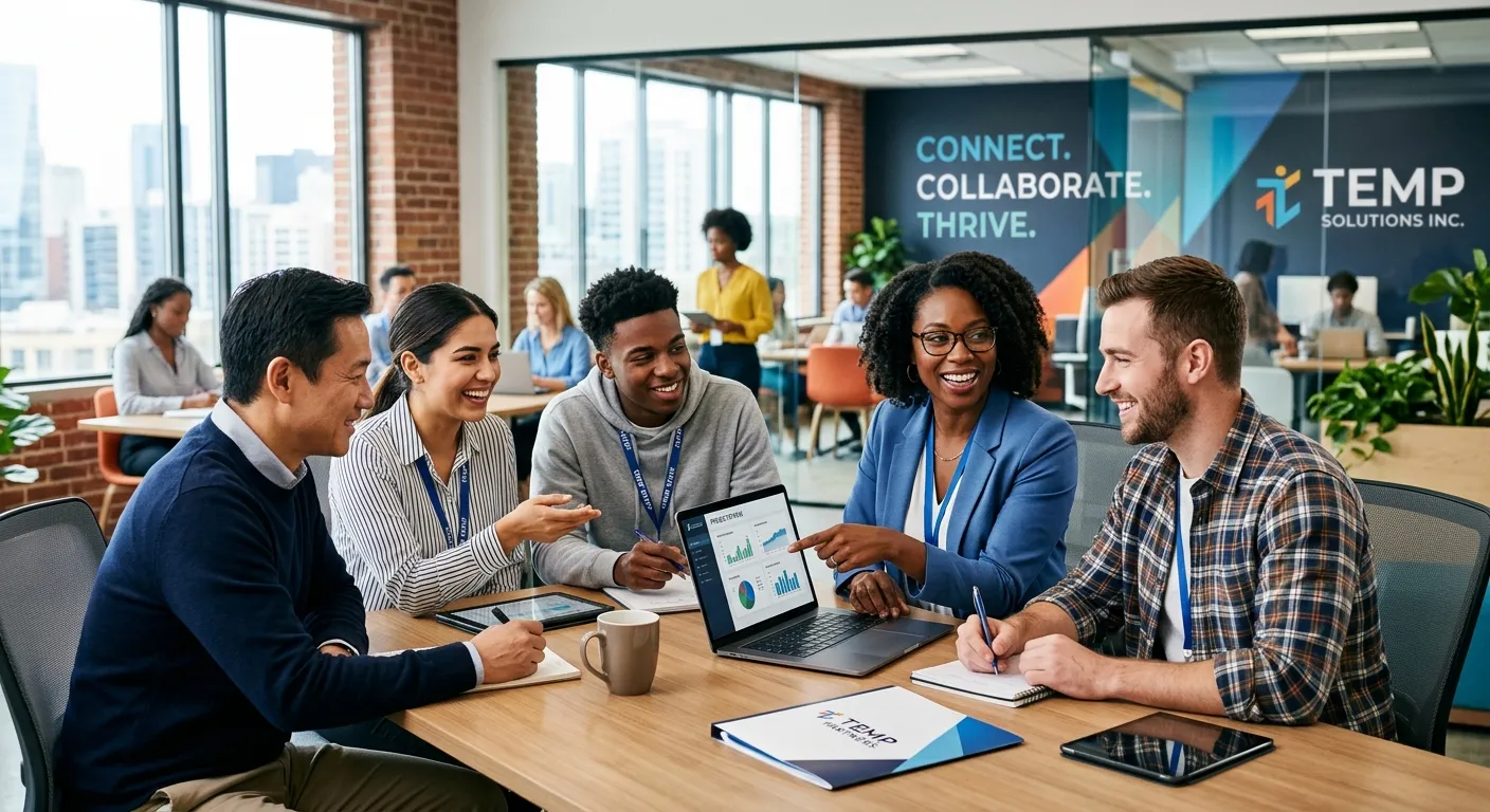 A diverse group of professional temporary workers in a modern office setting, smiling and collaborat... A diverse group of professional temporary workers in a modern office setting, smiling and collaborating. Style: Bright, professional, high-contrast business photography. Mood: Energetic, competent, and dynamic.