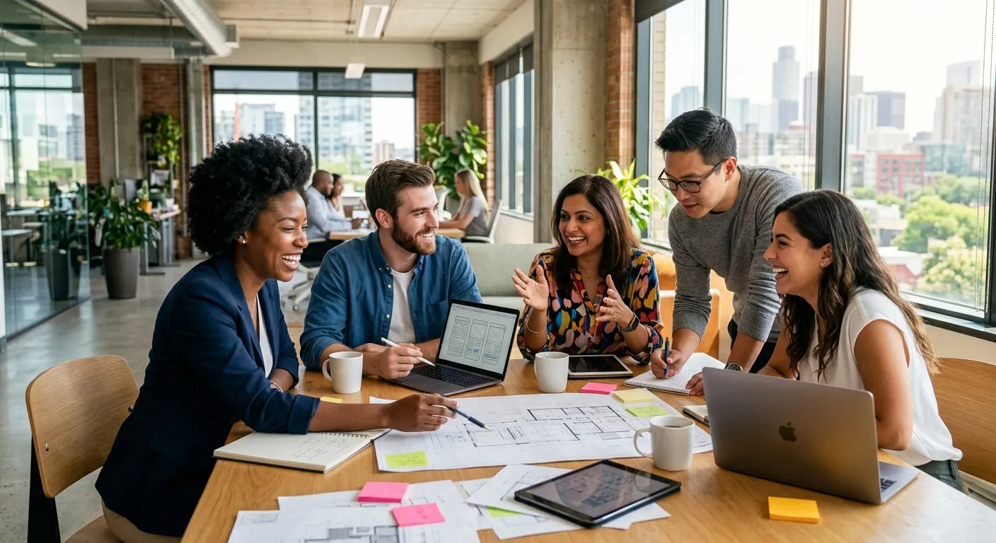A modern, diverse group of professionals collaborating in a bright, sunlit office. Focus on their en... A modern, diverse group of professionals collaborating in a bright, sunlit office. Focus on their engagement and teamwork. Style: High-resolution, professional business photography with a warm, optimistic mood.