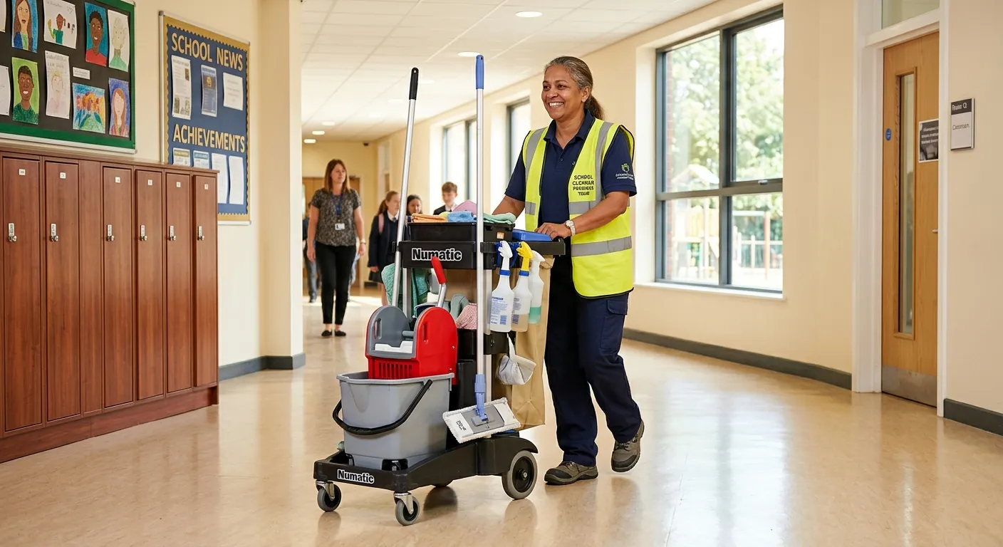 A professional, well-lit photograph of a cheerful school cleaner in a tidy school corridor, wearing... A professional, well-lit photograph of a cheerful school cleaner in a tidy school corridor, wearing a hi-vis tabard, pushing a cleaning trolley. The environment is bright, clean, and welcoming, conveying professionalism and pride in the role.