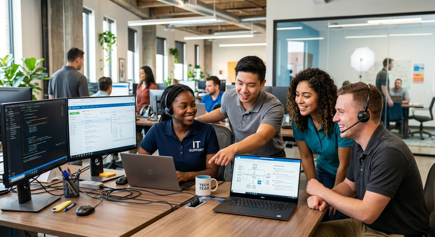 A professional, diverse group of young IT help desk specialists in a modern office environment, smil... A professional, diverse group of young IT help desk specialists in a modern office environment, smiling and collaborating. One is pointing at a laptop screen, another is wearing a headset. Style is bright, sharp, and aspirational, conveying a supportive team atmosphere.