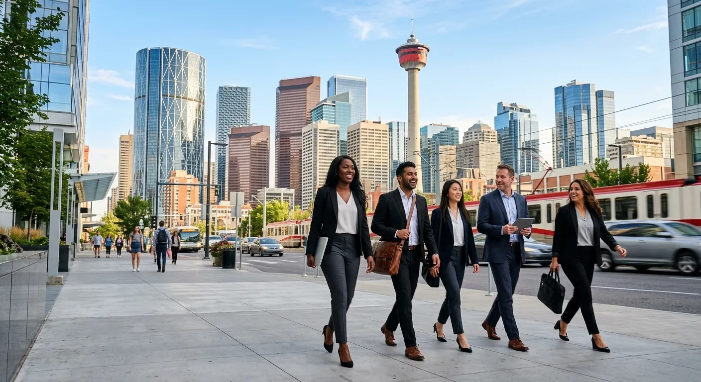 A professional, dynamic photo of the Calgary skyline with modern office buildings and a diverse grou... A professional, dynamic photo of the Calgary skyline with modern office buildings and a diverse group of professionals walking confidently in a downtown setting, symbolizing opportunity and growth. Style: Vibrant, inspiring, modern business mood.