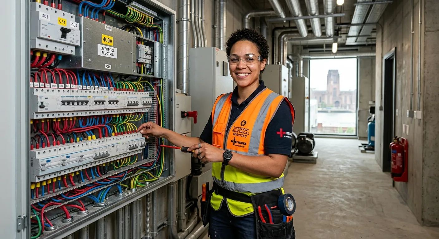 A professional, confident electrician in a high-visibility vest working on a modern electrical panel... A professional, confident electrician in a high-visibility vest working on a modern electrical panel in a commercial building in Liverpool, smiling and looking at the camera. Style: authentic, realistic, well-lit.
