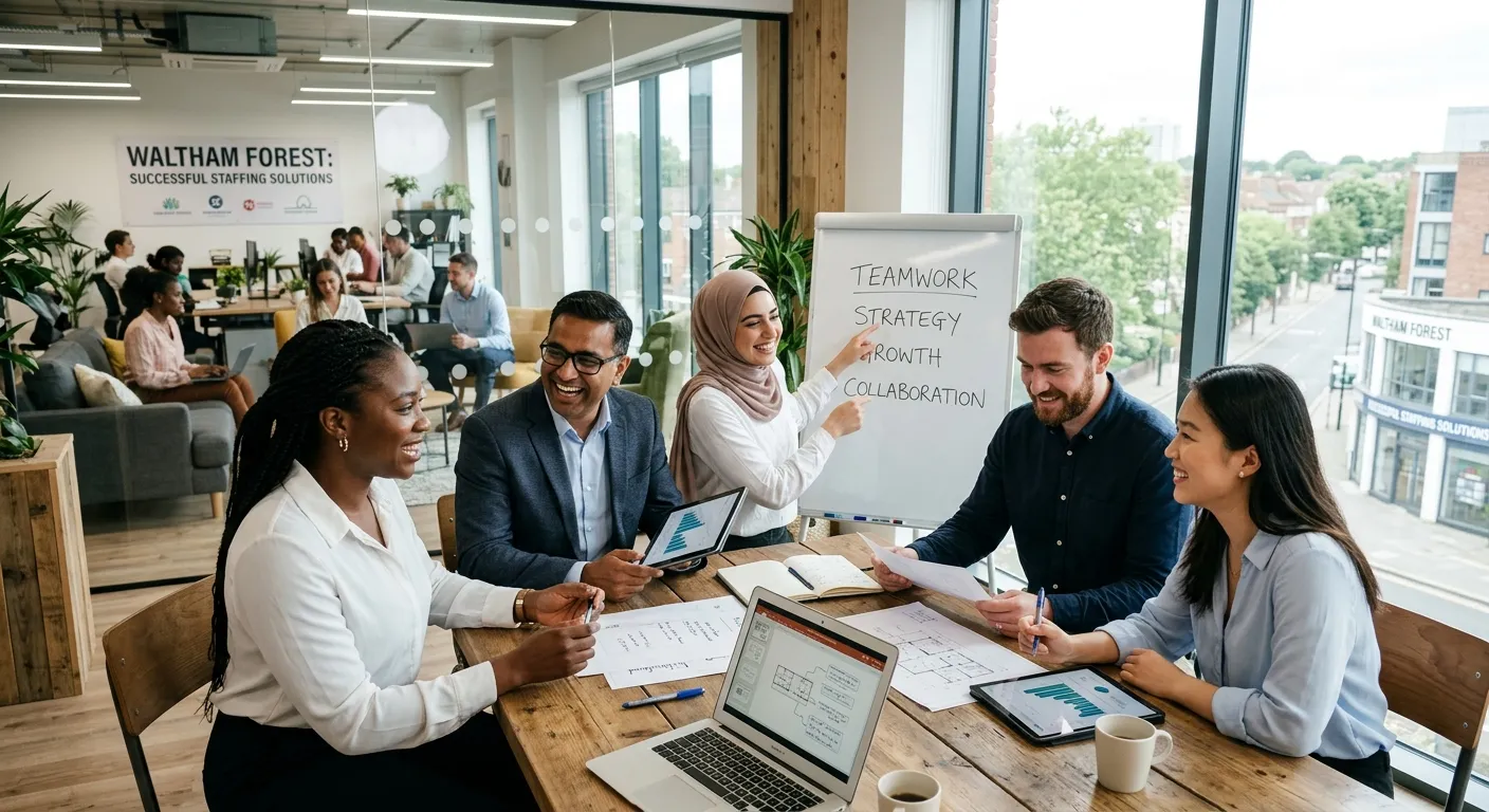 A professional, diverse group of people in business-casual attire collaborating in a modern, light-filled office space in Waltham Forest, symbolising teamwork and successful staffing solutions.