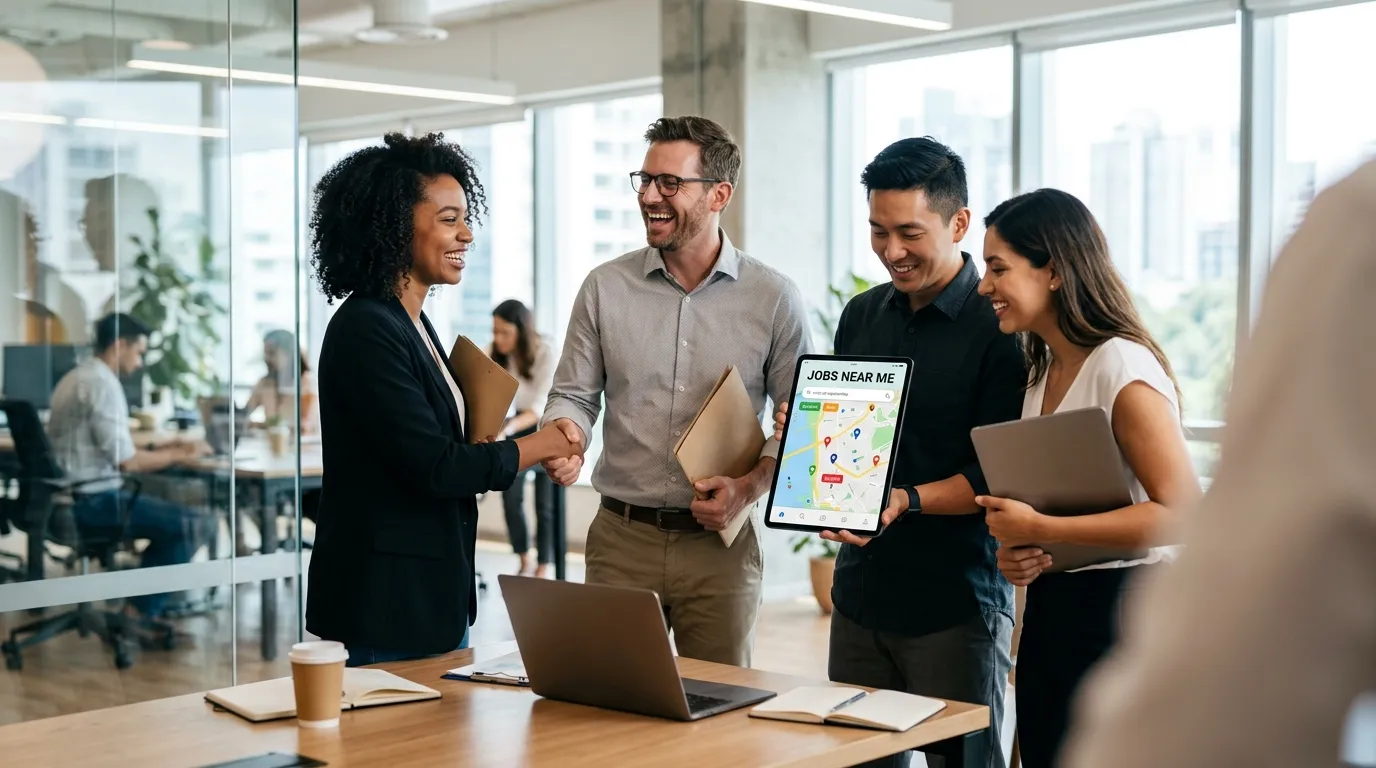A dynamic, professional hero image showing a diverse group of professionals in a modern workplace, some shaking hands, others looking at a tablet with a map showing