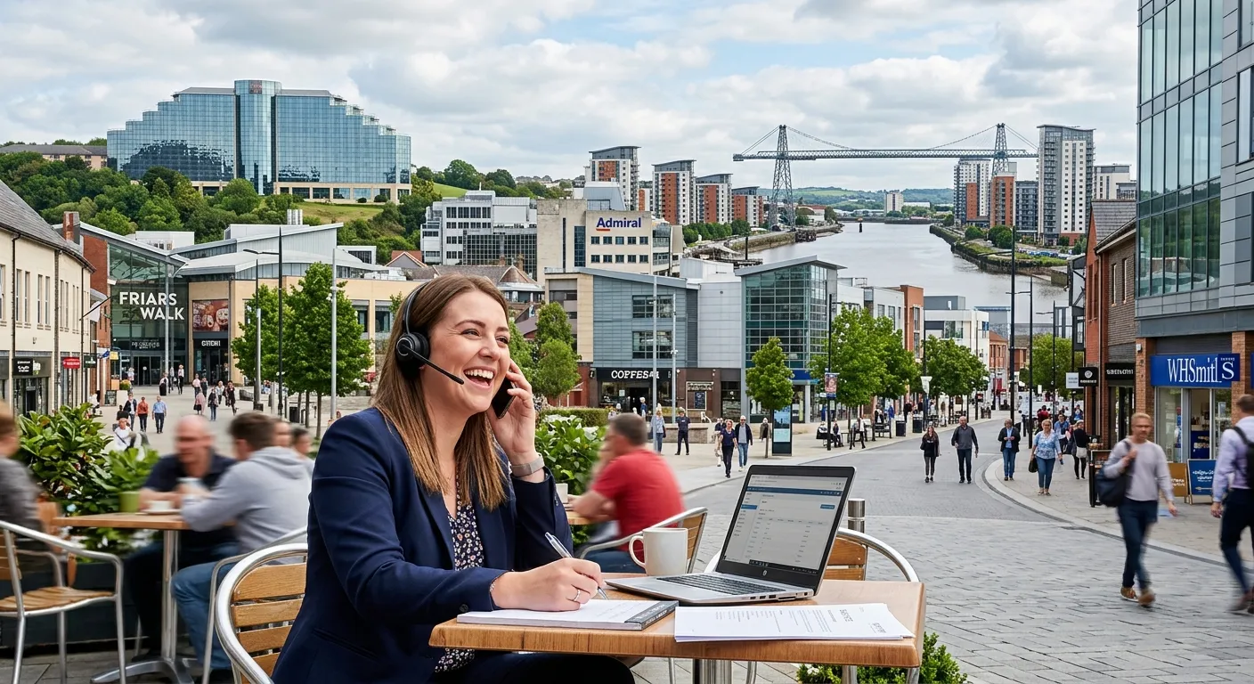 A dynamic, wide-angle shot of Newport city centre and skyline, highlighting modern commercial buildings, with a telemarketer smiling in the foreground on a headset call