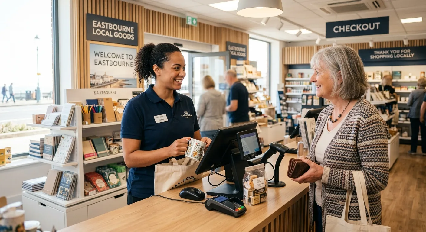 A professional, welcoming image of a cashier in a modern retail environment in Eastbourne, smiling and assisting a customer. The setting is bright and clean, conveying efficiency and customer service.