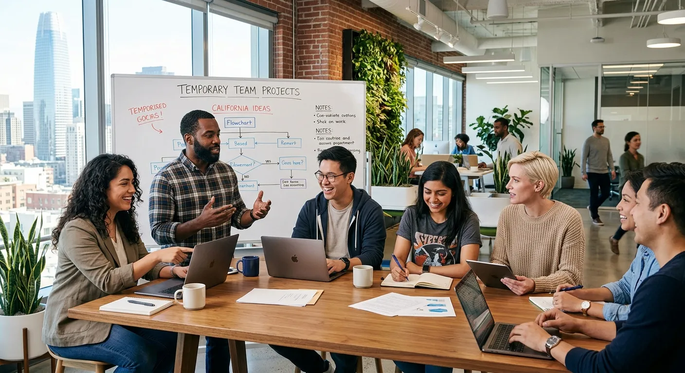 A professional, dynamic image of a diverse group of temporary employees collaborating in a modern Ca... A professional, dynamic image of a diverse group of temporary employees collaborating in a modern California office setting. The mood is productive, energetic, and inclusive.
